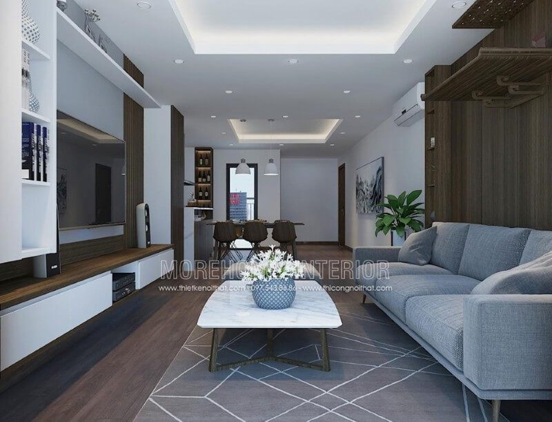 Thiết kế nội thất phòng khách chung cư với đồ nội thất gỗ công nghiệp hiện đại