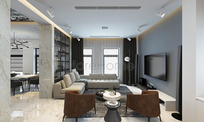 Nội thất phòng khách chung cư hiện đại lấy tone màu ghi tối và trắng làm chủ đạo, phần cửa sổ hướng ra ban công được thiết kế rộng tạo cảm giác cơi nới cho căn phòng thêm rộng hơn